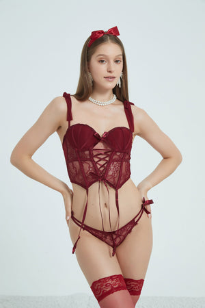 Vivid Rouge Strappy Lace Corset Set - Risette 
