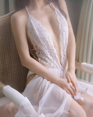 White Lace Deep V Lace Perspective Bow Bodysuit - Risette 