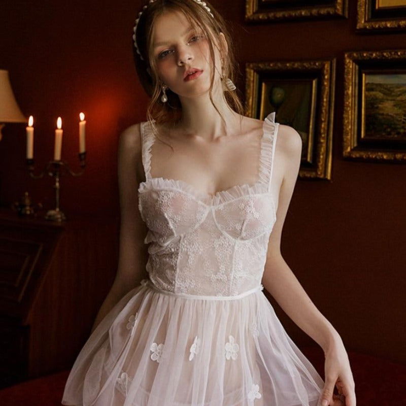 White Mesh Floral Maid Lingerie - Risette 