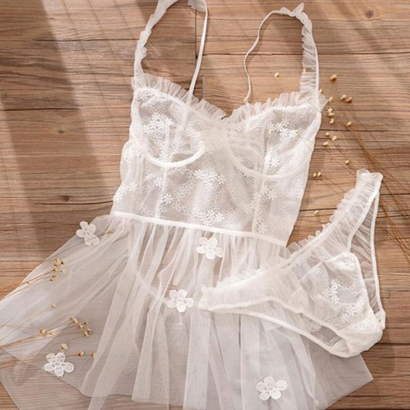 White Mesh Floral Maid Lingerie - Risette 