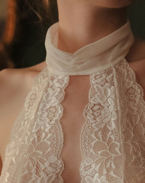 White Sexy Backless Lace Halter Bodysuit - Risette 