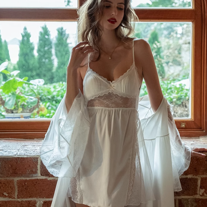 White Sexy Satin Slip Lace Nightdress Lingerie Medium / White - Dress only White Sexy Satin Slip Lace Nightdress Lingerie Medium / White - Dress only