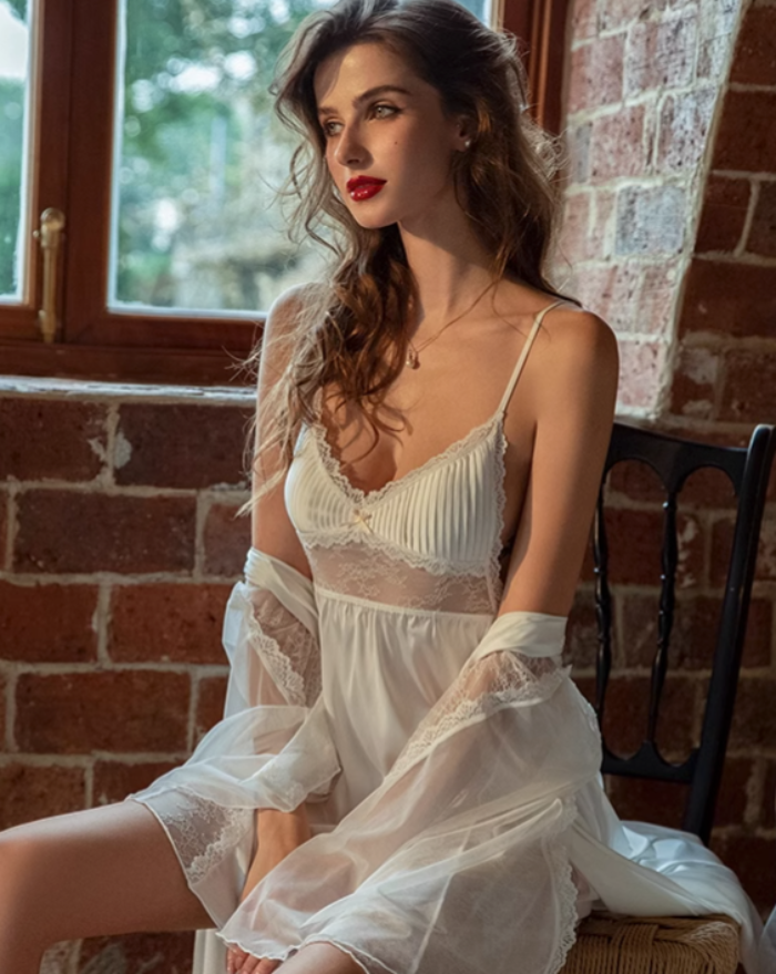 White Sexy Satin Slip Lace Nightdress Lingerie - Risette 