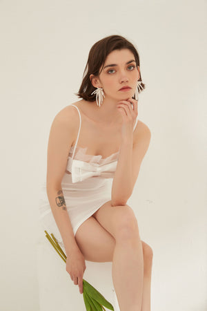 White Sheer Panel Bow-Front Midi Night Dress - Risette 