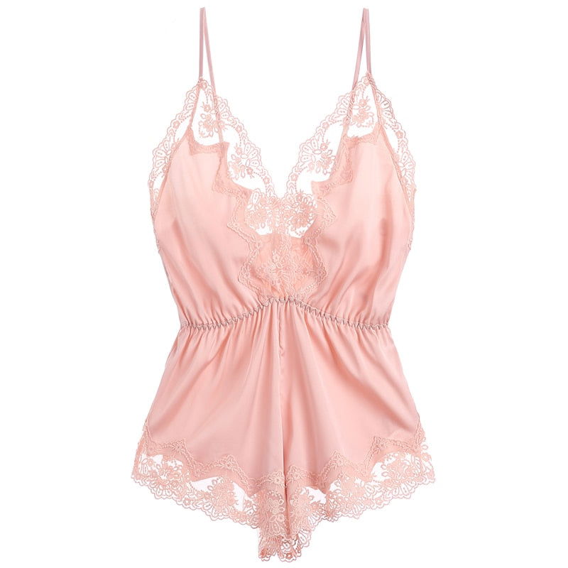 Women Lace Satin Pink Bodysuit Lingerie - Risette 