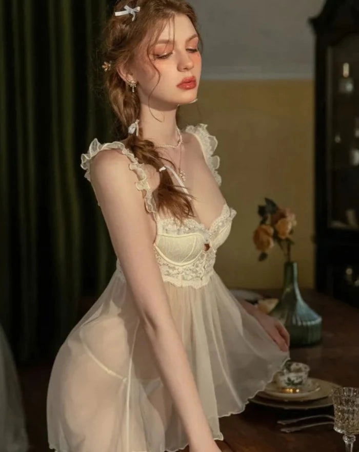 Yellow Lacey with Chest pad Nightdress - Risette 