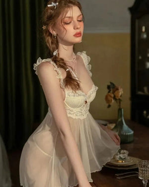 Yellow Lacey with Chest pad Nightdress - Risette 