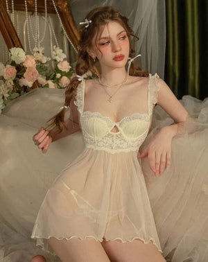 Yellow Lacey with Chest pad Nightdress - Risette 