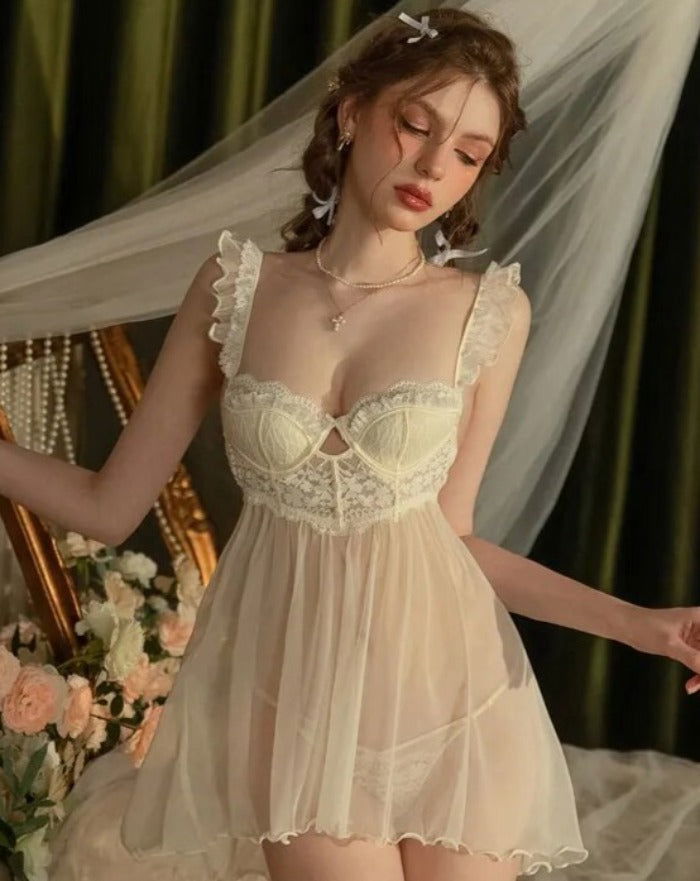 Yellow Lacey with Chest pad Nightdress - Risette 