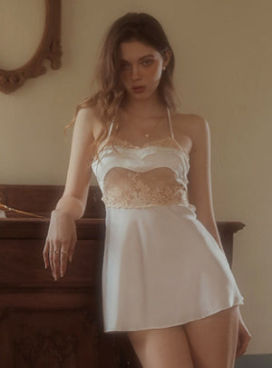 Silk Night Dress with Classic Lace Embroidery in White
