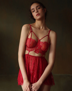 Scarlet Elegance Lace Bralette and Skirt Set