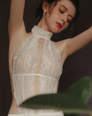 White Sexy Backless Lace Halter Bodysuit