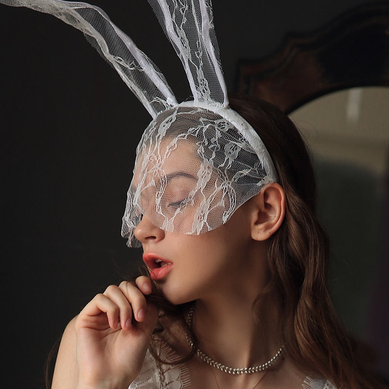Sexy Headwear Lingerie Hair Accessories Long Rabbit Ears Lace Veil Lovely Mysterious Temptation Rabbit Girl Eye Mask Halloween