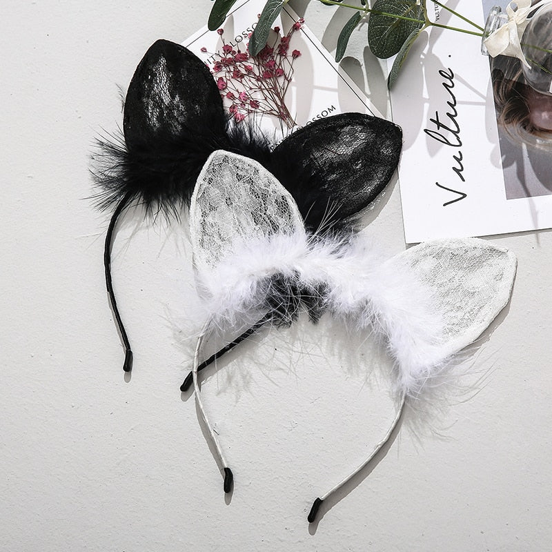 Sexy Underwear Accessories Cat Girl Ears Black and White Two Color Lace Perspective Temptation Cute Headdress Hairpin