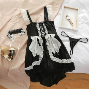 Kawaii Lingerie Cosplay Maid Anime Costumes for Women Babydoll Temptation Chiffon Dress with Cute Bowknot Roleplay Uniform