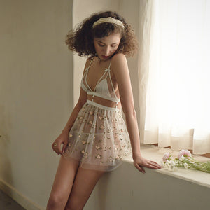White Mesh See through with Embroidery Nightwear