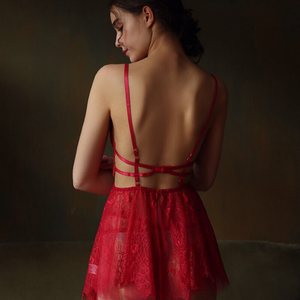 Scarlet Elegance Lace Bralette and Skirt Set