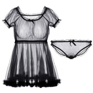 Black White Night Dress Babydoll Transparent Ruffles