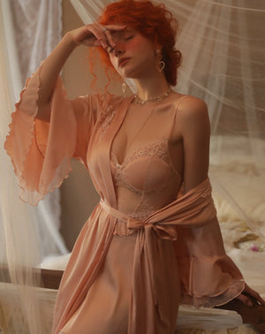 Pink Sexy Elegant See through Nightdress with Robe