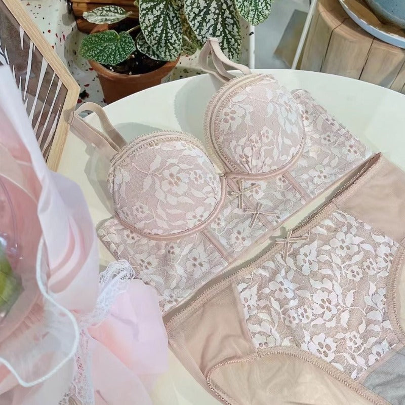 Floral French Lace Wire Free Bra Underwear Set - Pink