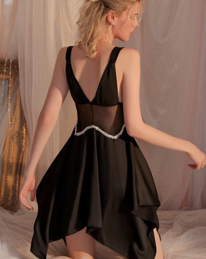 Black Silky Loose Nightgown with Lace detail