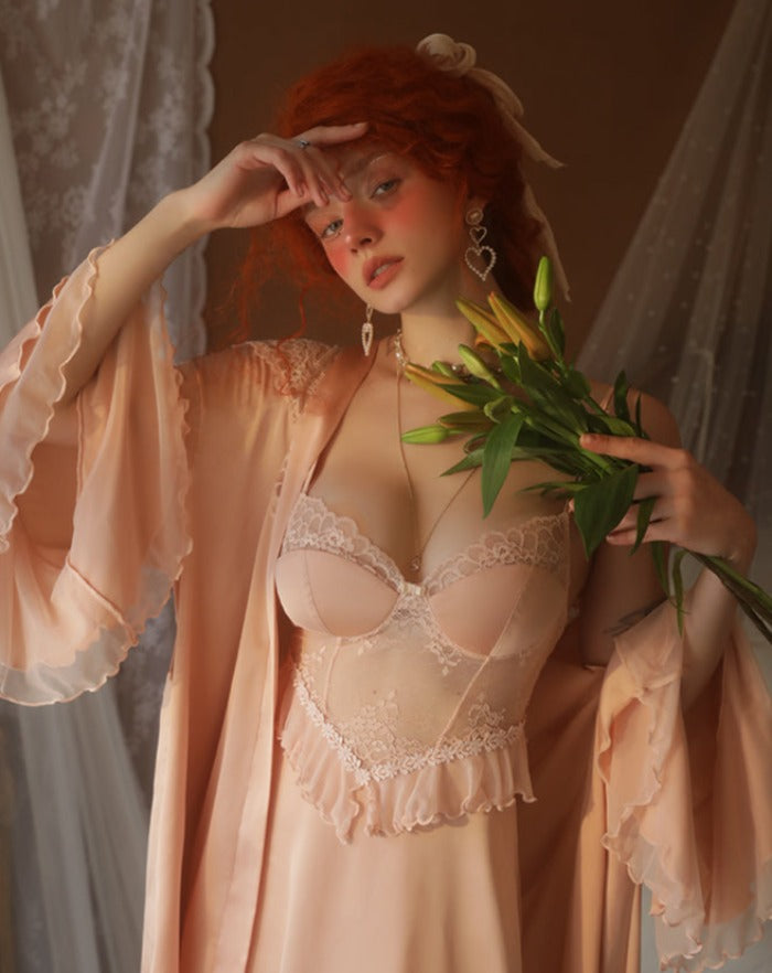 Pink Sexy Elegant See through Nightdress with Robe
