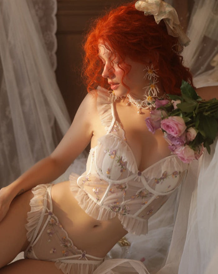 White See through Ruffle Bra and Panty set French inspired lingrie