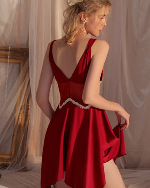 Red Silky Loose Nightgown with Lace detail