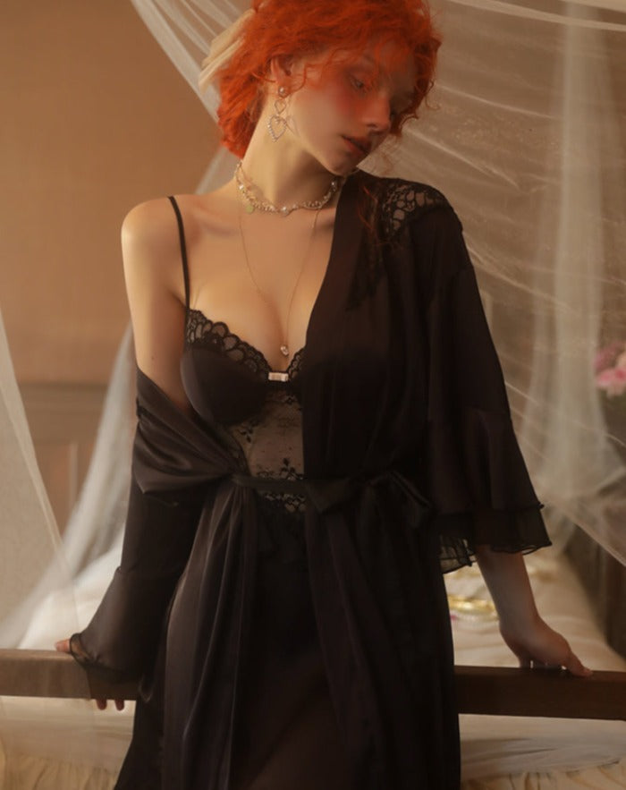 Black Sexy Elegant See through Nightdress with Robe