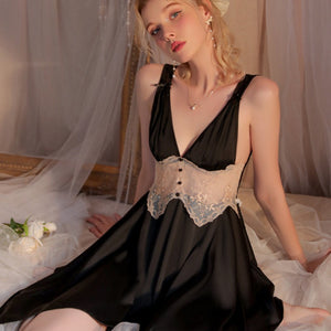 Black Silky Loose Nightgown with Lace detail