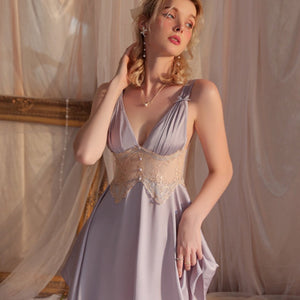 Muted Grey Silky Loose Nightgown with Lace detail