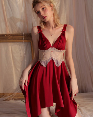 Red Silky Loose Nightgown with Lace detail