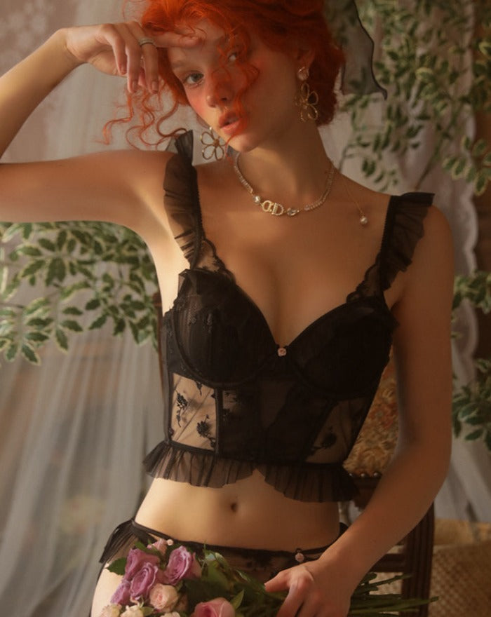 Black See through Ruffle Bra and Panty set French inspired lingrie