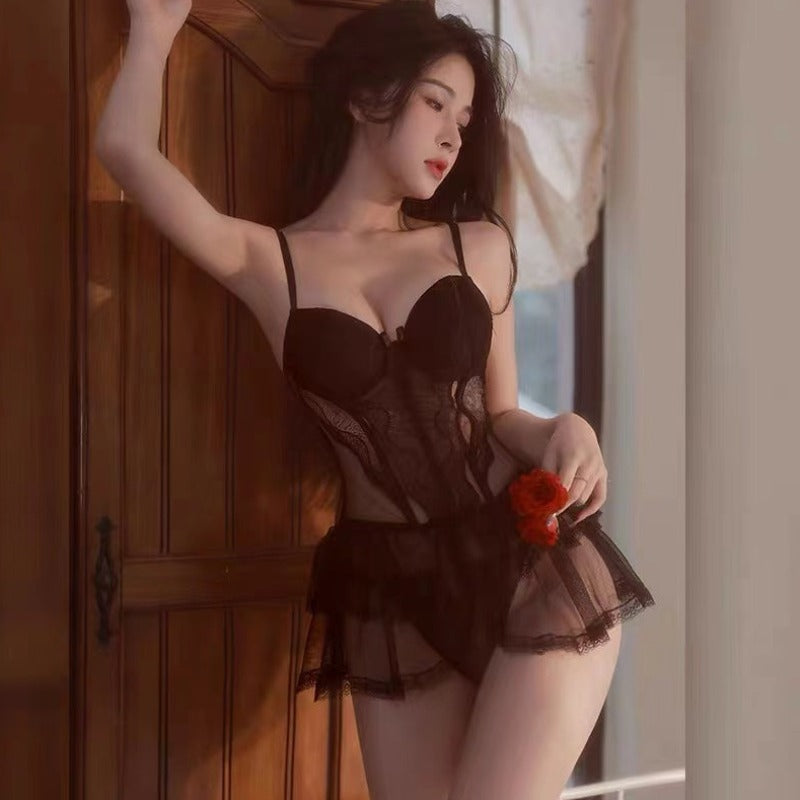erotic transparent black corset bodysuit gothic lingerie with garter belts  – Risette Lingerie